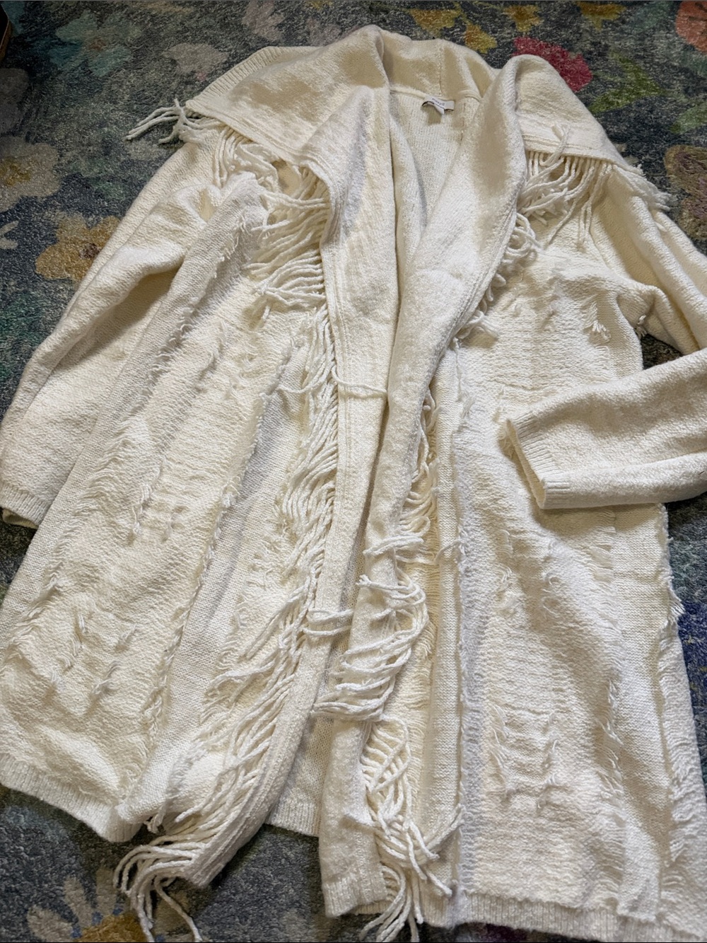 Cream Fringe Open Front Long Cardigan Sweater